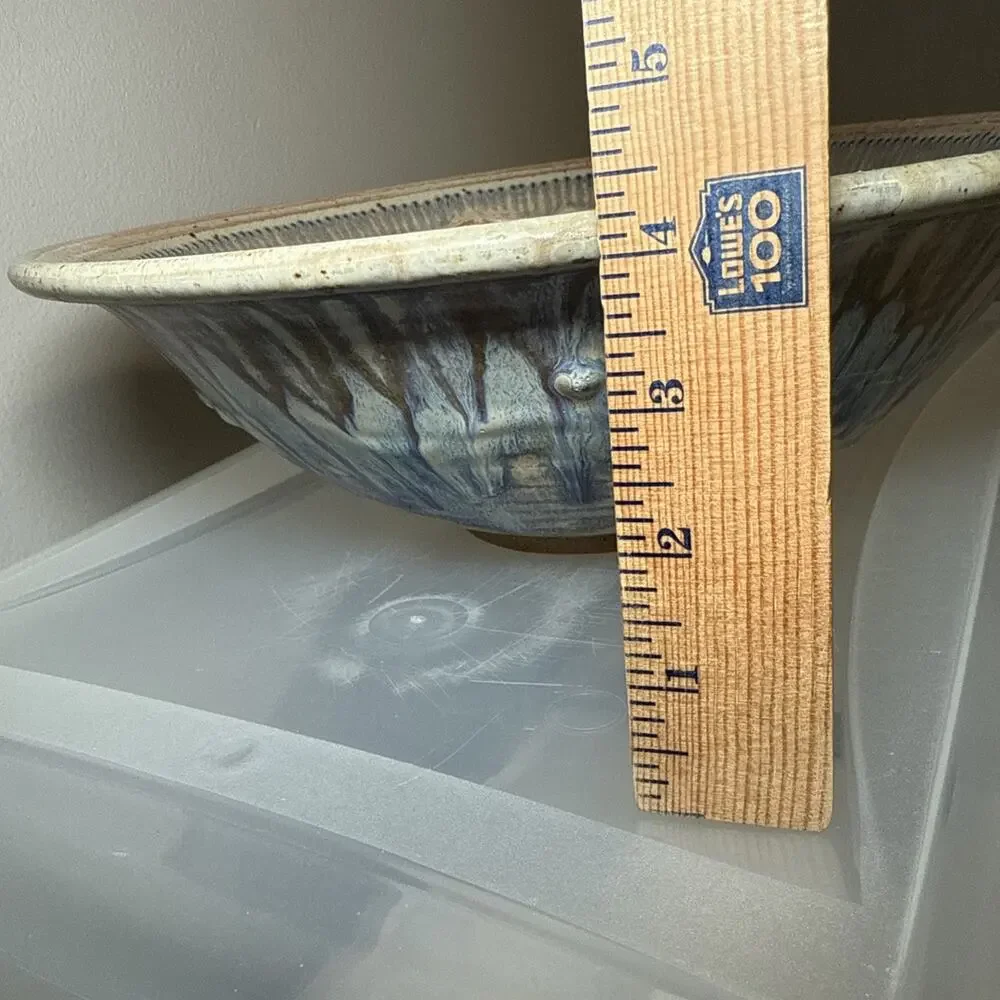 Julie Perry Signed Pottery Large Clay Bowl Tan Blue Glaze Celebrate the Wonder
